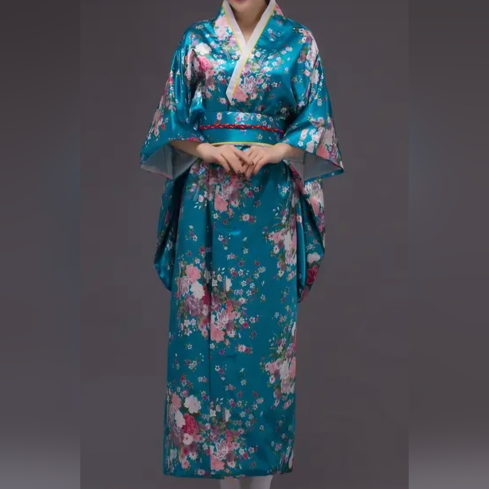 Women Blue Satin Floral Kimono Robe 23"×46" ** No Belt - Picture 3 of 11